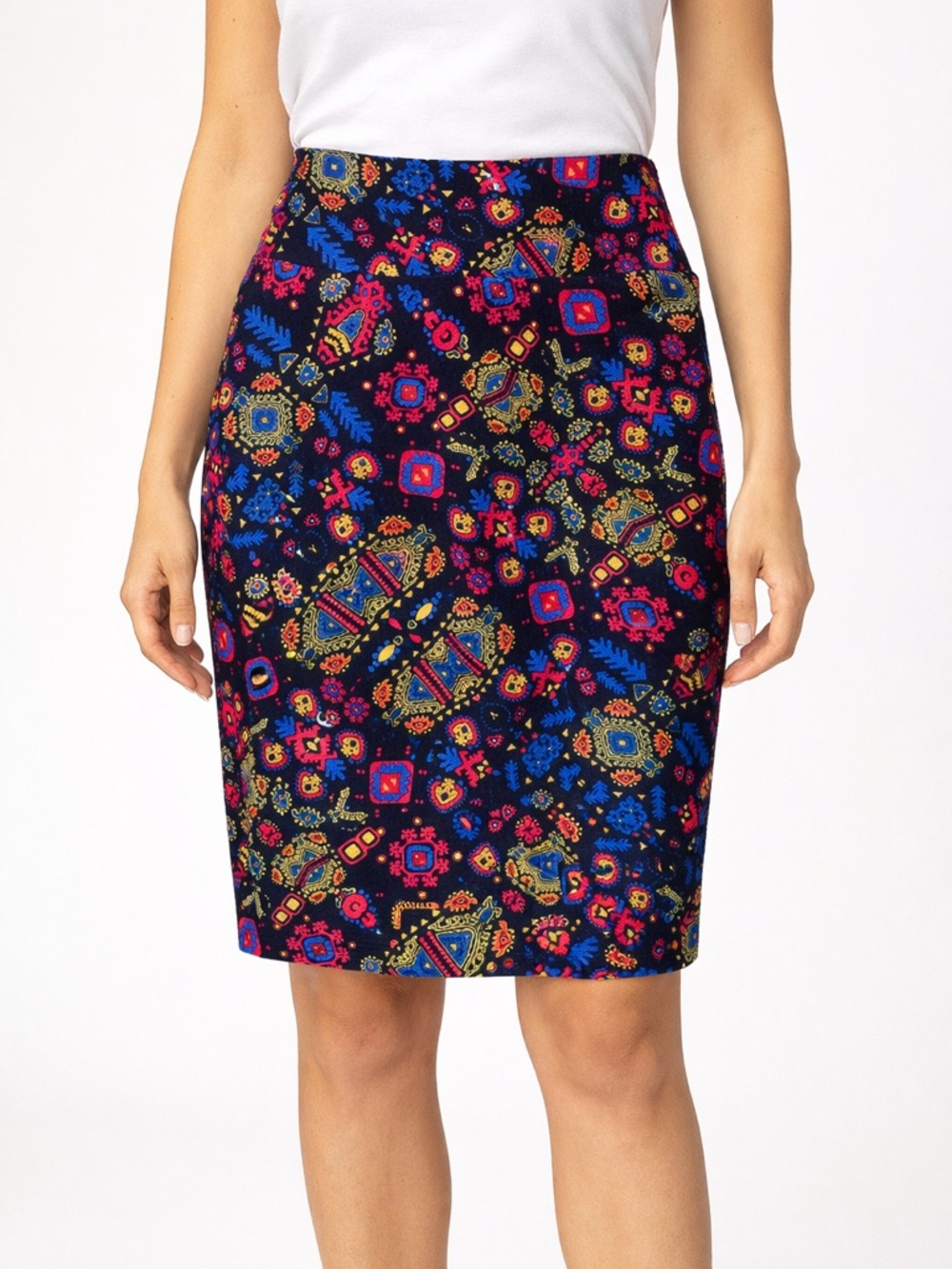 LuLaRoe Navy Pencil Skirt with Bright Floral Geo Print